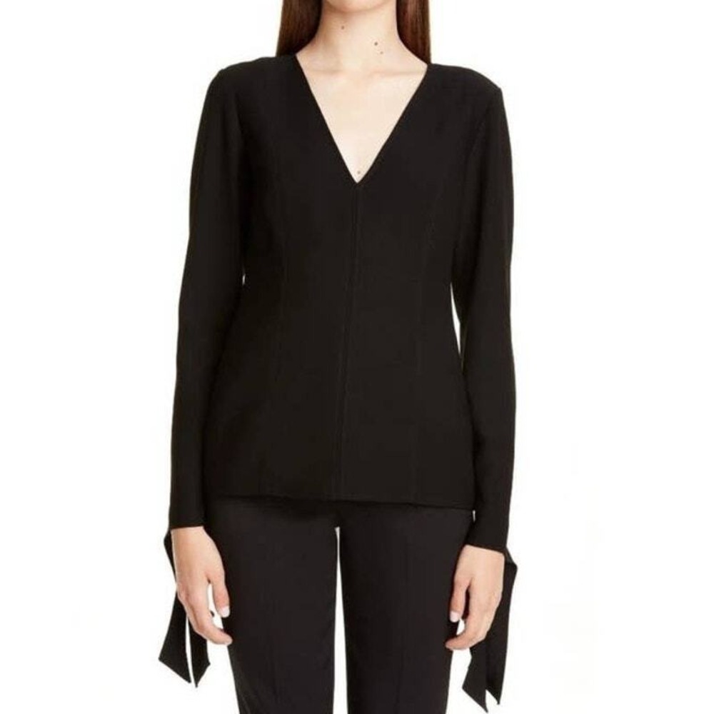 NWT Carolina Herrera Tie Cuff Crepe‎ Blouse in Black Size 2